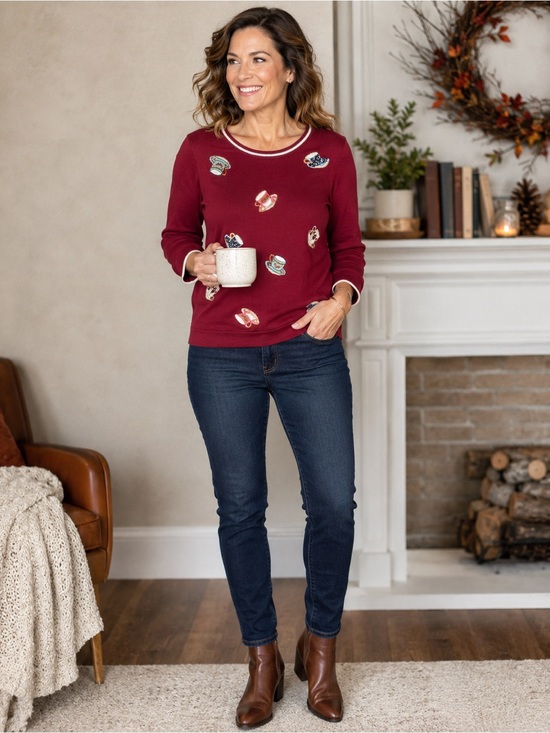 Talbots Sweaters - Talbots Women’s Medium Burgundy Tea Cup Embroidered Novelty Sweater Long Sleeve